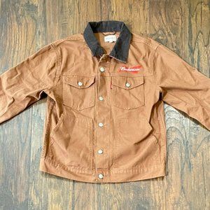 Budweiser Beer Denim Brown Trucker Button Jean Logo Jacket Mens Medium New